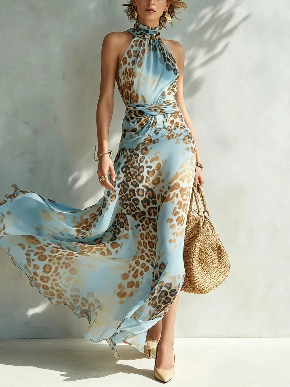 Leopard Print Halter Maxi Dress