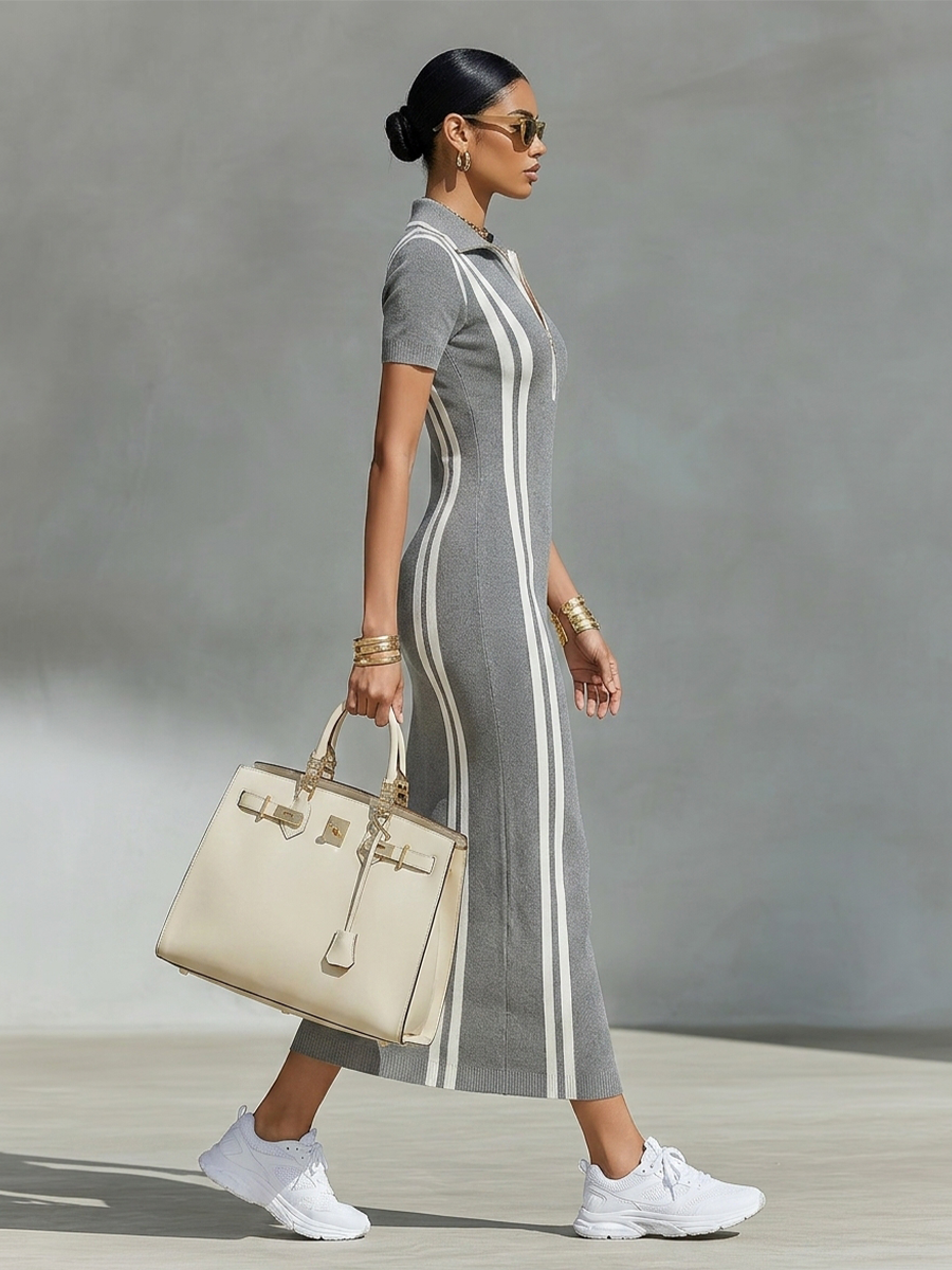 Side-Stripe Zip Polo Knit Maxi Dress