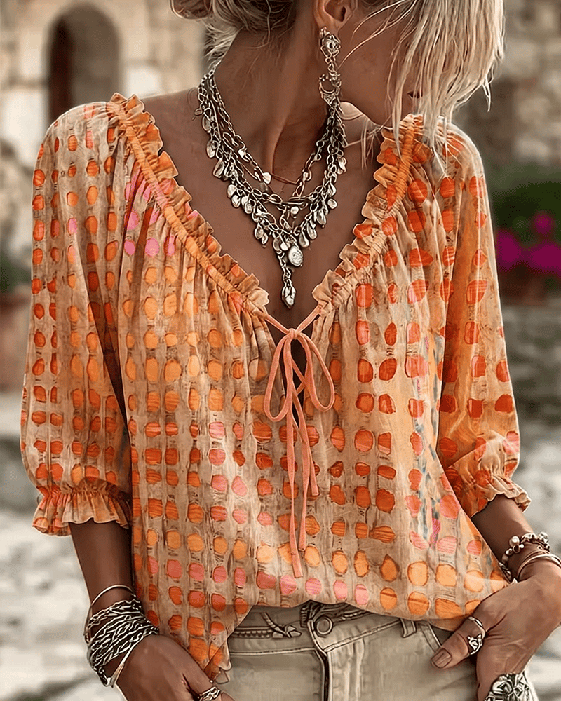 Lace-Up V-Neck Blouse