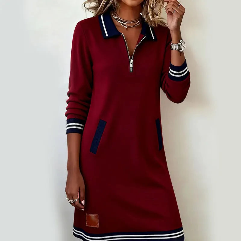 Striped-Trim Quarter-Zip Polo Dress