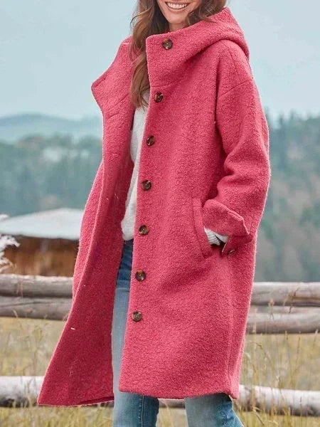 Textured Long Hooded Button Coat