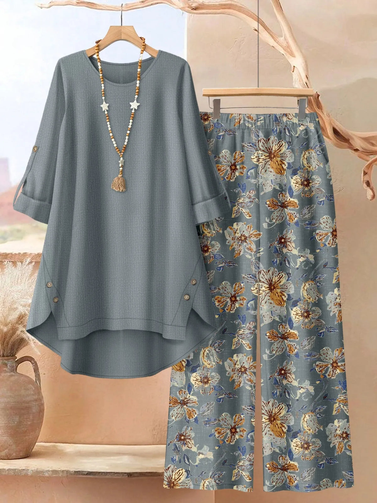 Layered Tunic and Wide-Leg Pants Set