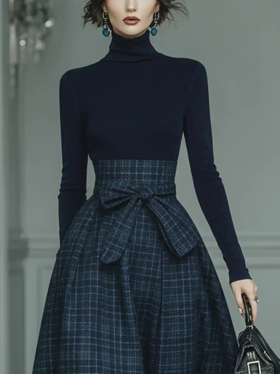 High-Neck Top & Plaid Skirt Set