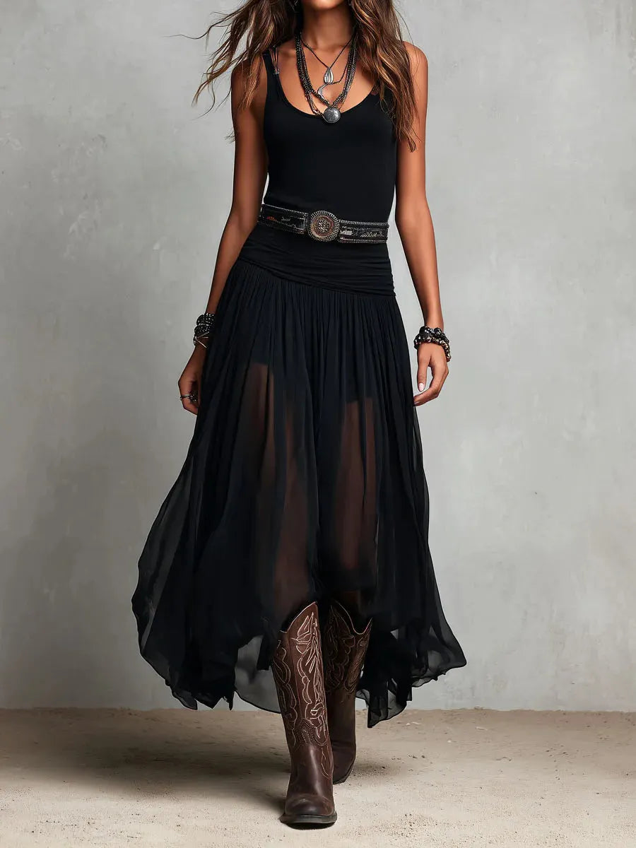 Belted Double-Layer Chiffon Dress