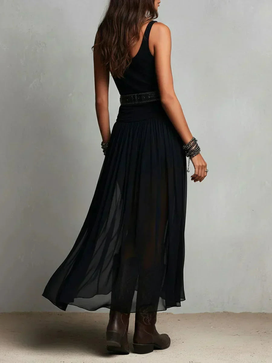 Belted Double-Layer Chiffon Dress