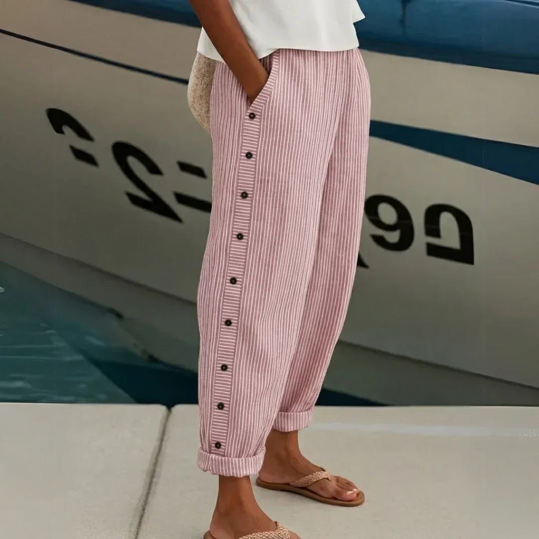 Striped Button-Detail Pants