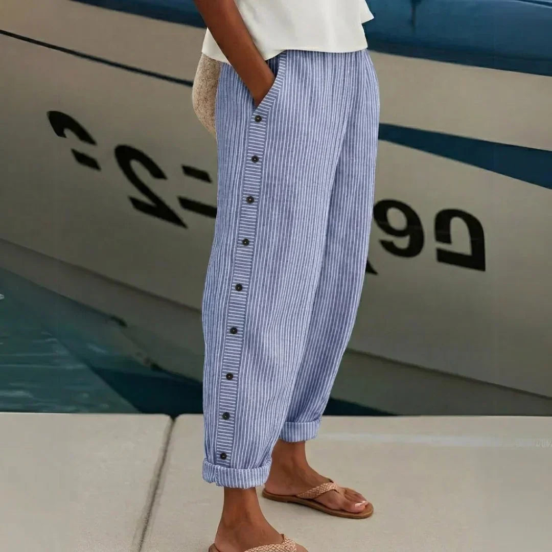 Striped Button-Detail Pants