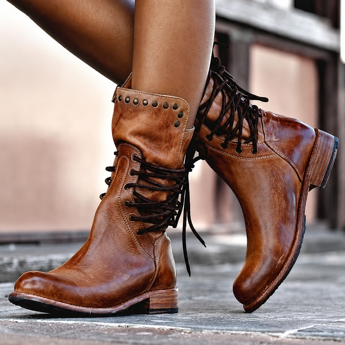 Lace-Up Studded Mid-Calf Boots