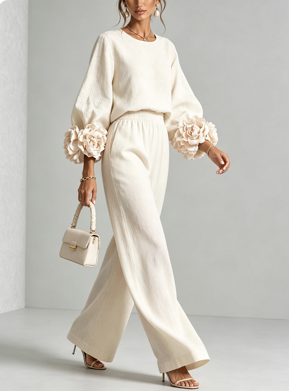 Floral Cuff Balloon-Sleeve Wide-Leg Two-Piece Set