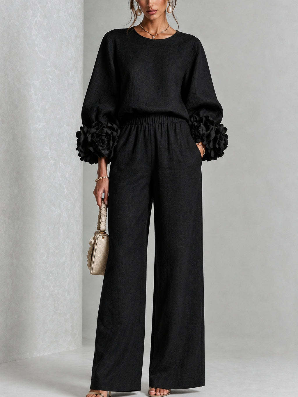 Floral Cuff Balloon-Sleeve Wide-Leg Two-Piece Set