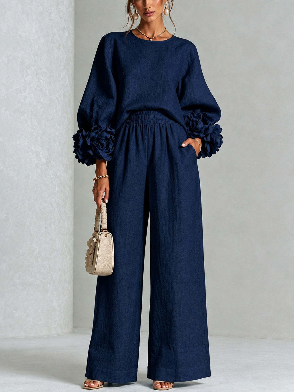 Floral Cuff Balloon-Sleeve Wide-Leg Two-Piece Set
