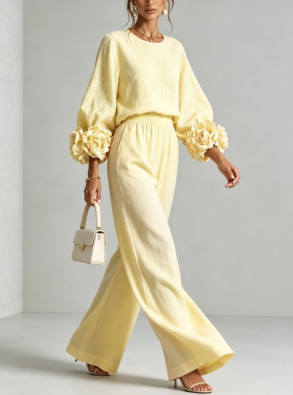 Floral Cuff Balloon-Sleeve Wide-Leg Two-Piece Set