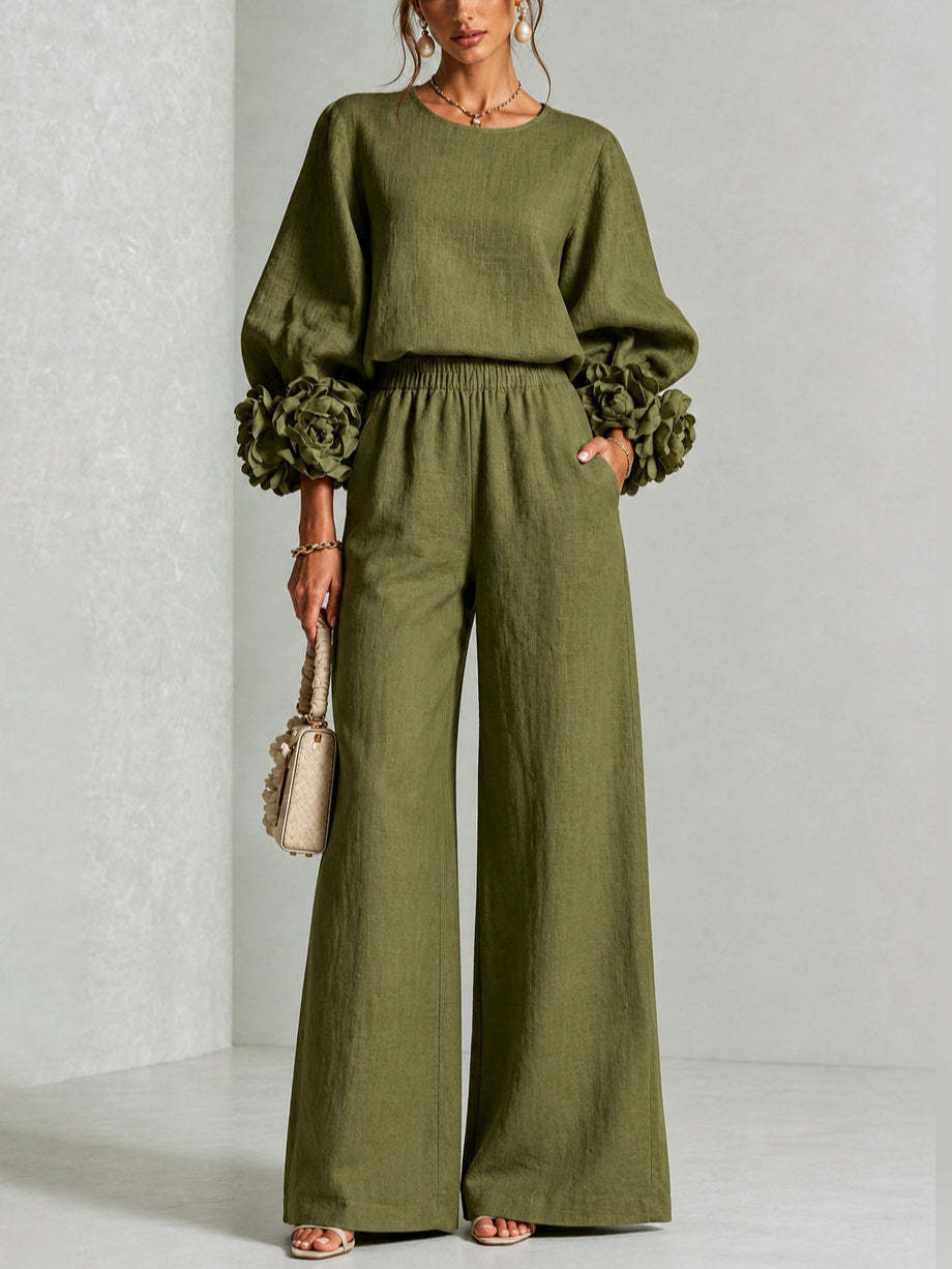 Floral Cuff Balloon-Sleeve Wide-Leg Two-Piece Set