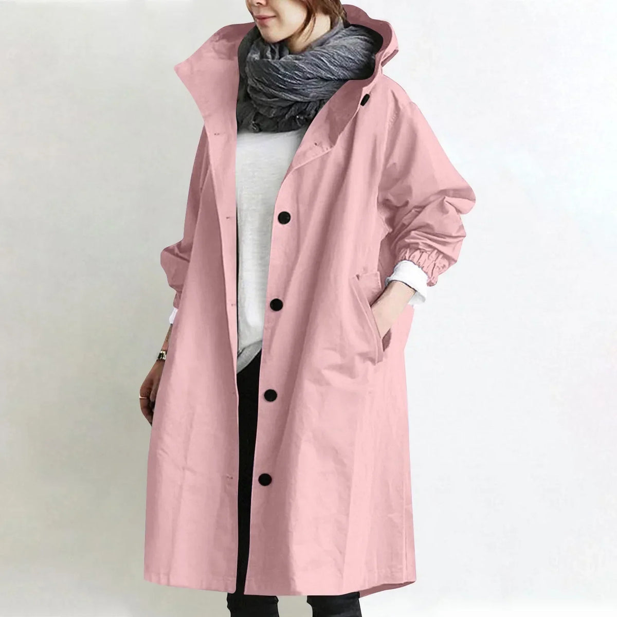 Long Hooded Coat with Elastic Cuffs