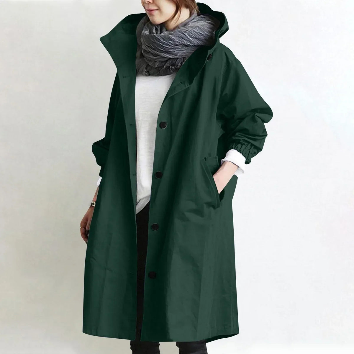 Long Hooded Coat with Elastic Cuffs