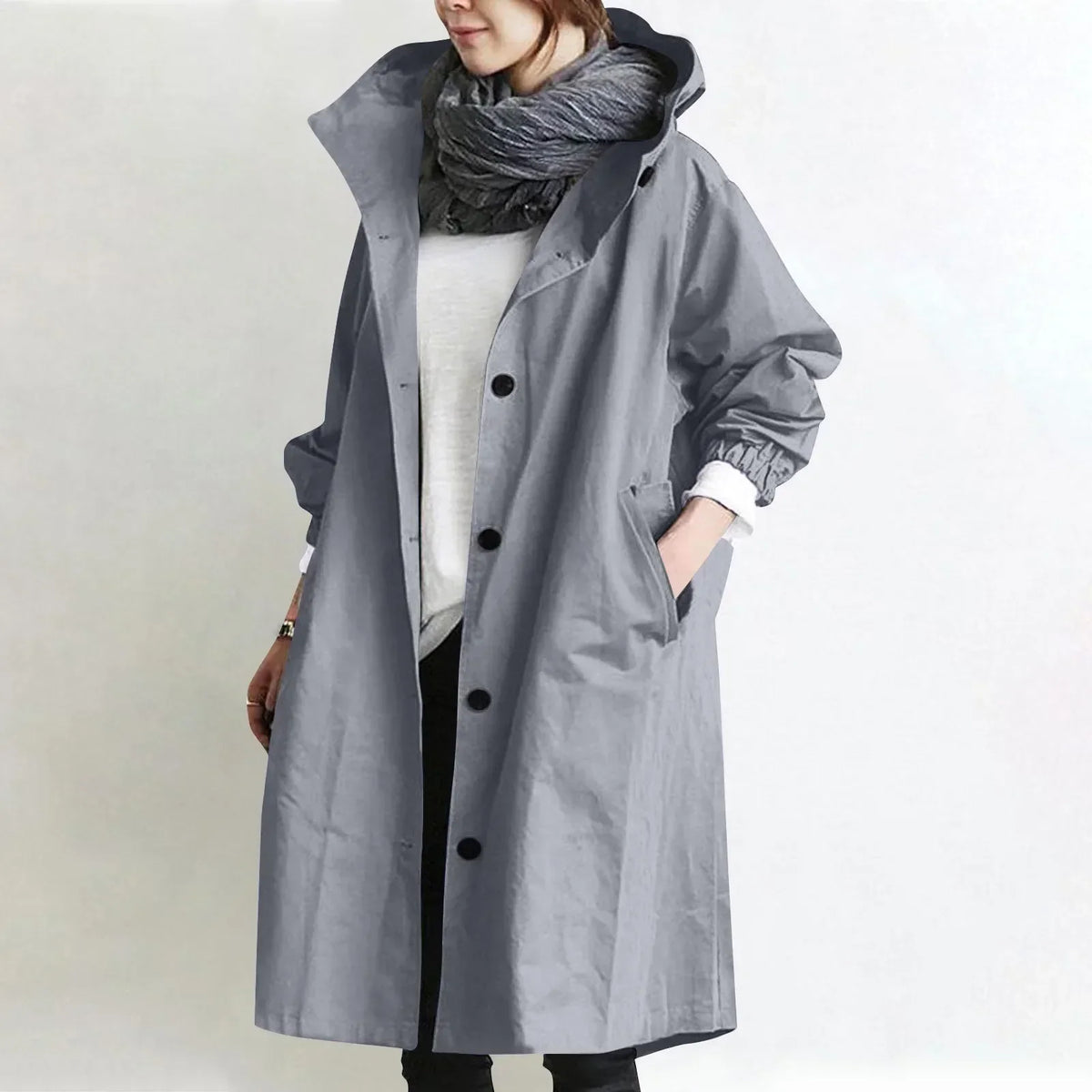 Long Hooded Coat with Elastic Cuffs