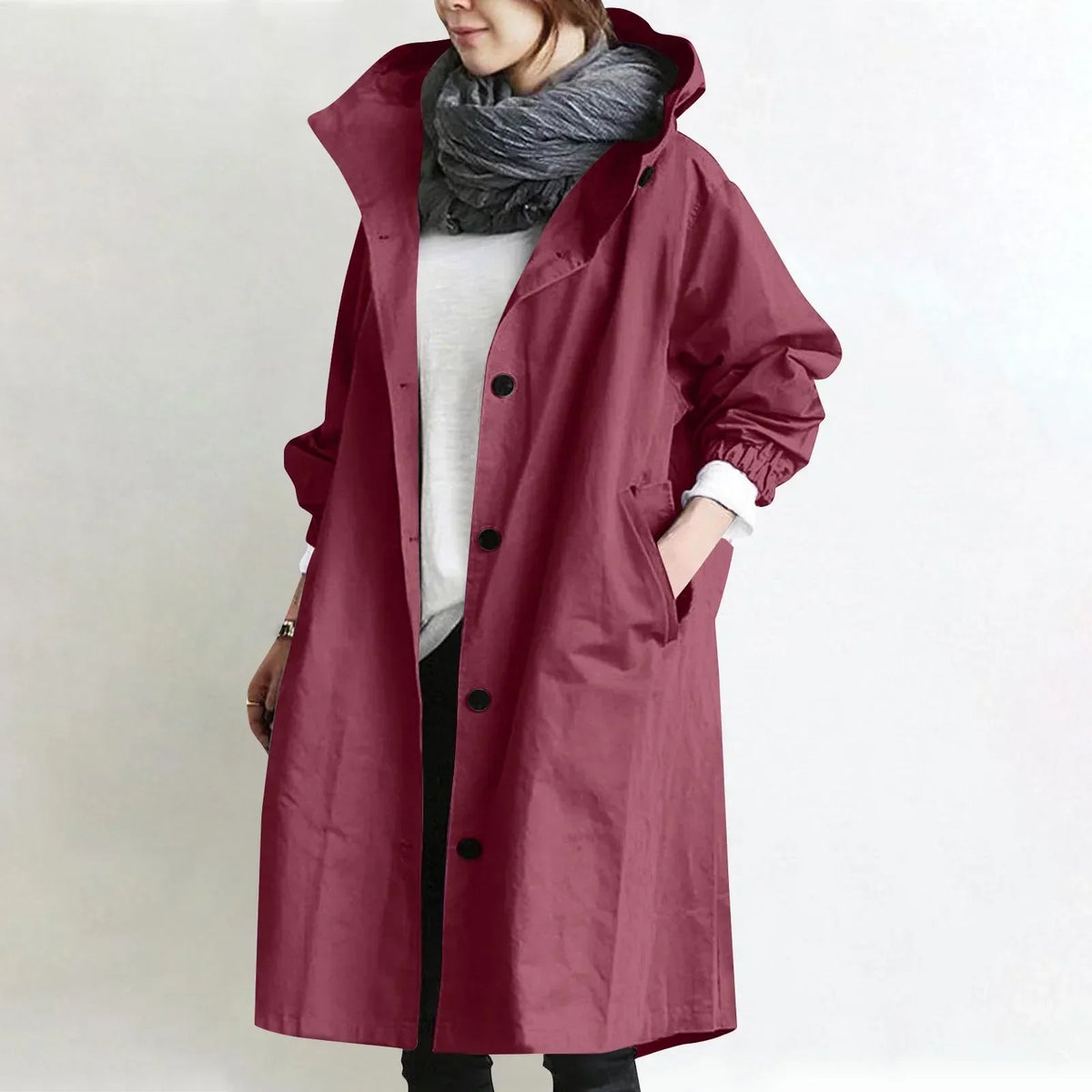 Long Hooded Coat with Elastic Cuffs