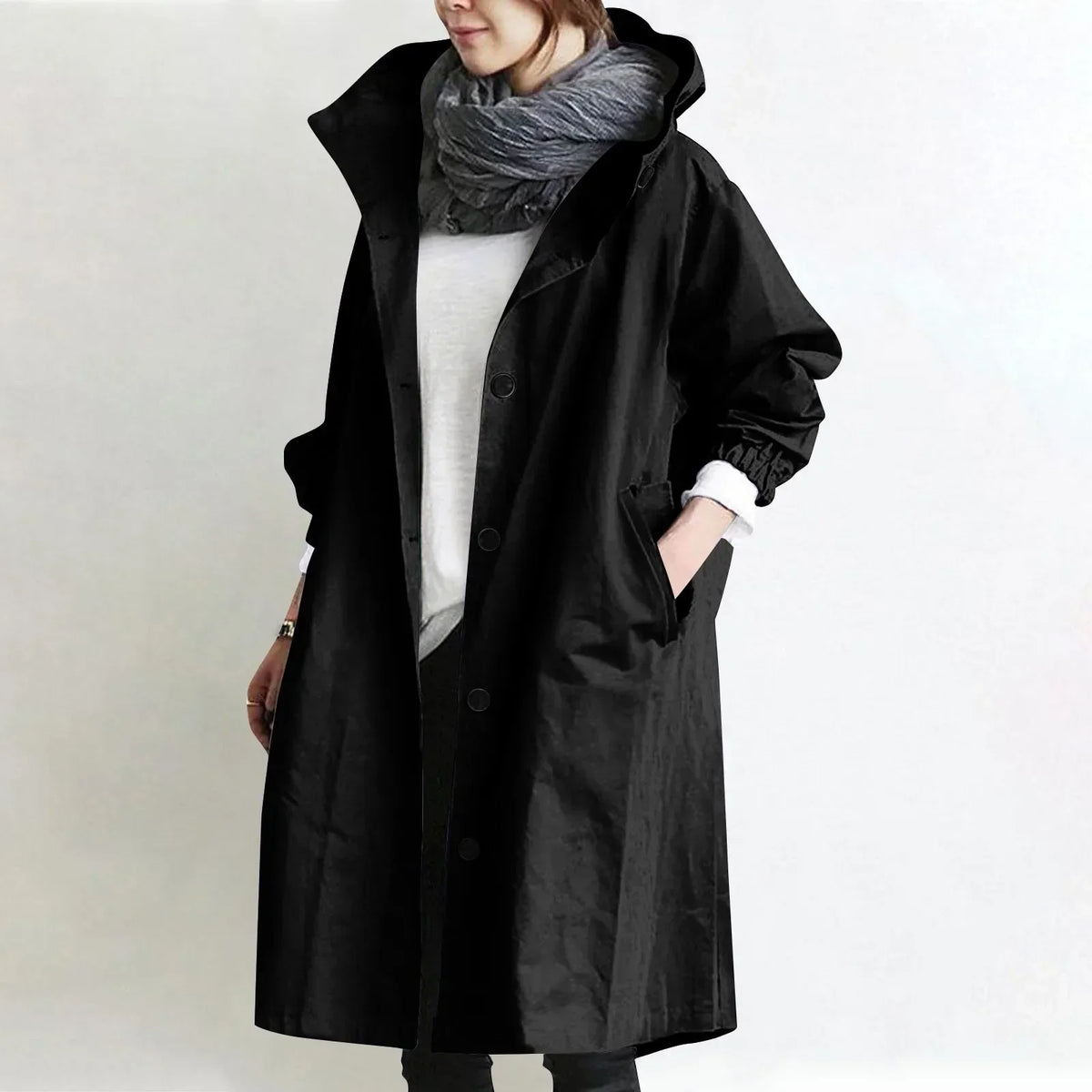 Long Hooded Coat with Elastic Cuffs