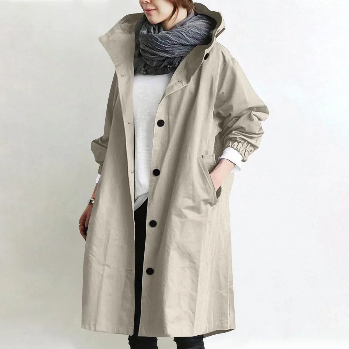 Long Hooded Coat with Elastic Cuffs