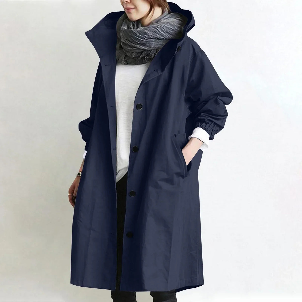 Long Hooded Coat with Elastic Cuffs