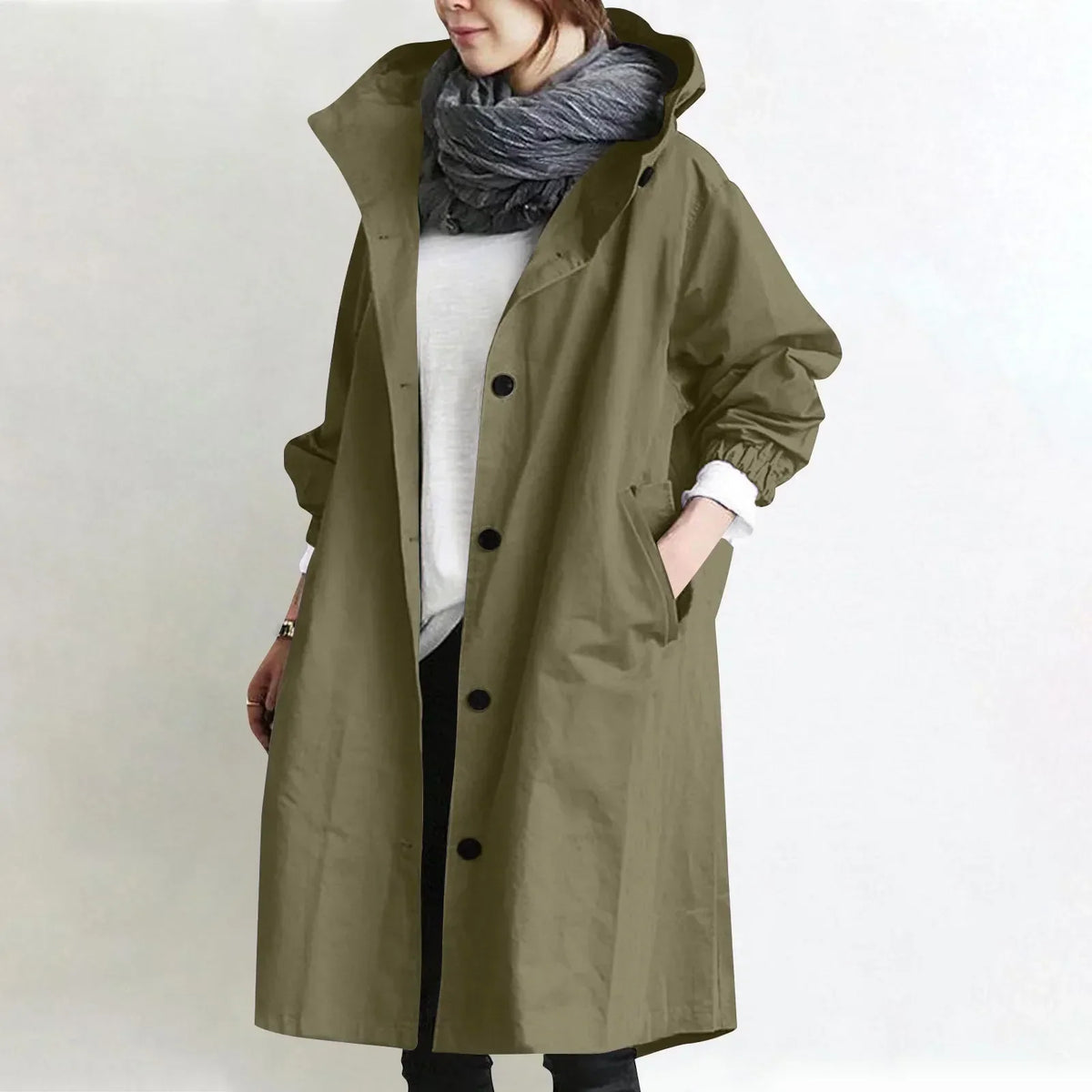 Long Hooded Coat with Elastic Cuffs