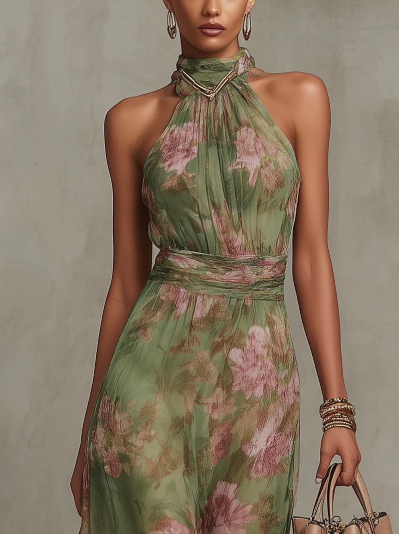 Watercolor Floral Halter Maxi Dress