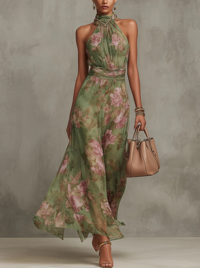 Watercolor Floral Halter Maxi Dress