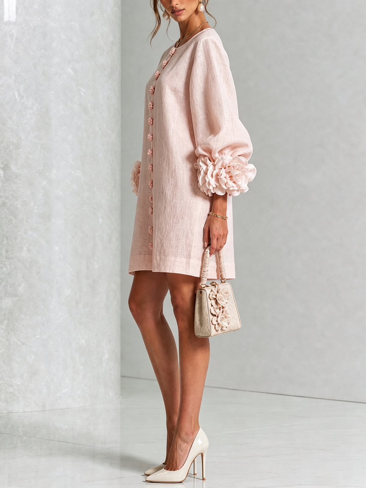 Floral-Cuff Button-Down Mini Dress