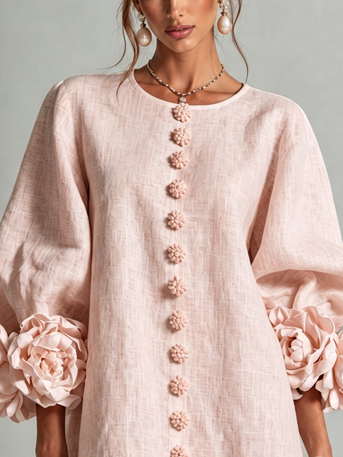 Floral-Cuff Button-Down Mini Dress