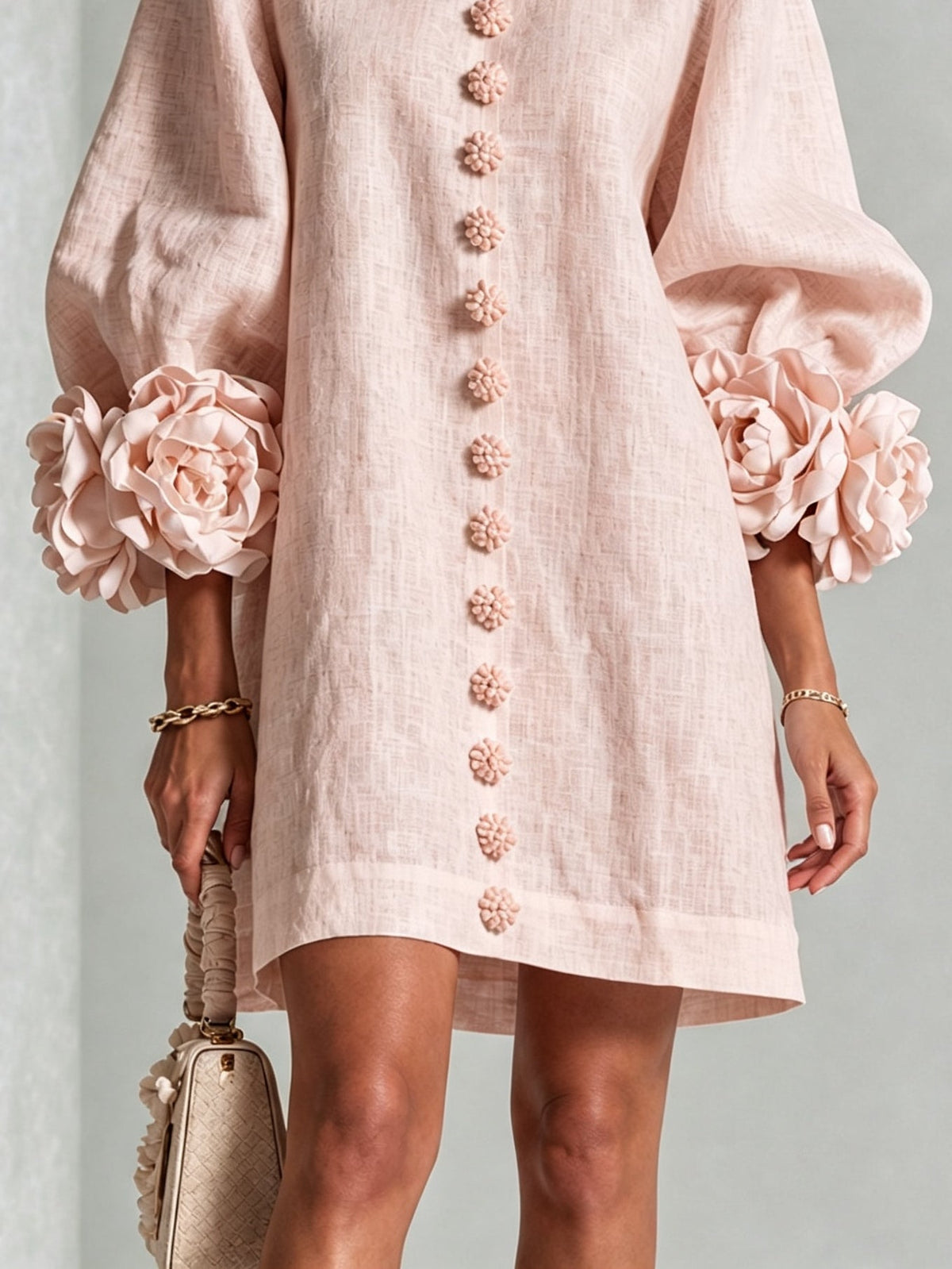 Floral-Cuff Button-Down Mini Dress