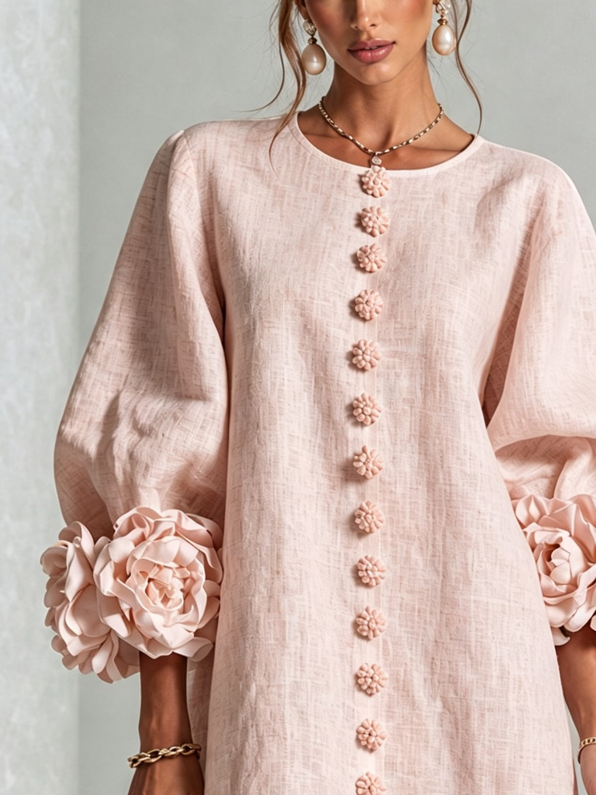 Floral-Cuff Button-Down Mini Dress