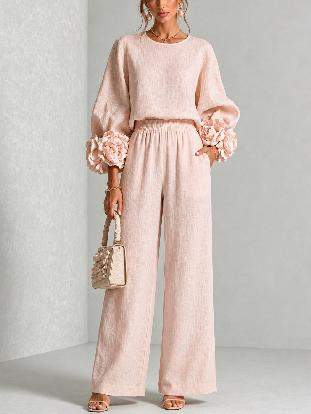 Floral Cuff Balloon-Sleeve Wide-Leg Two-Piece Set