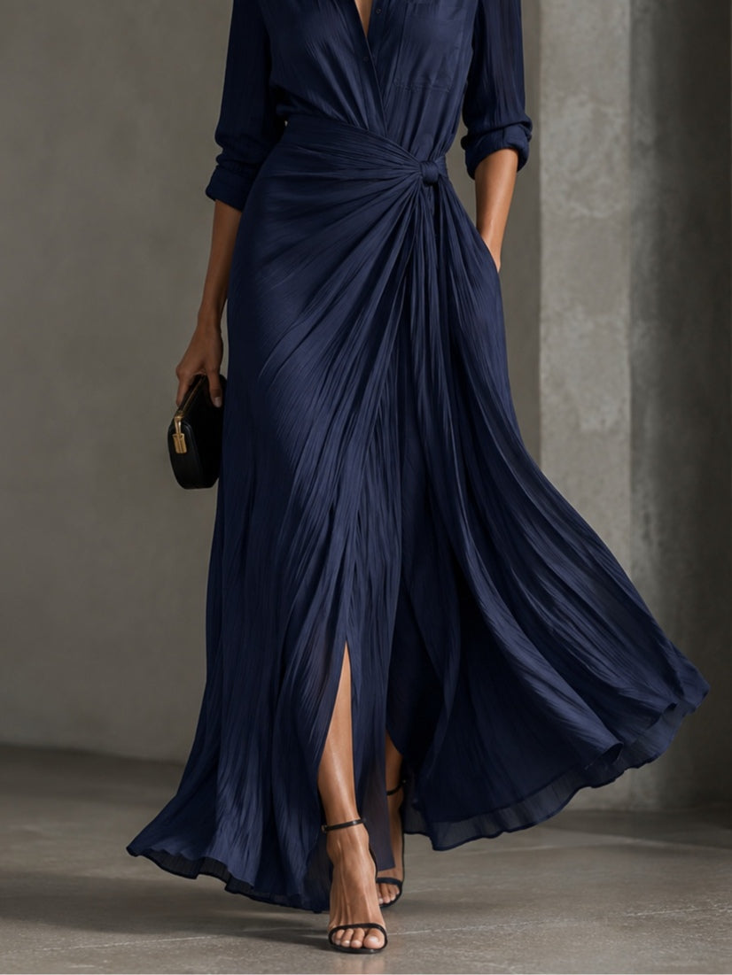 Navy Blue Knotted Maxi Shirt Dress