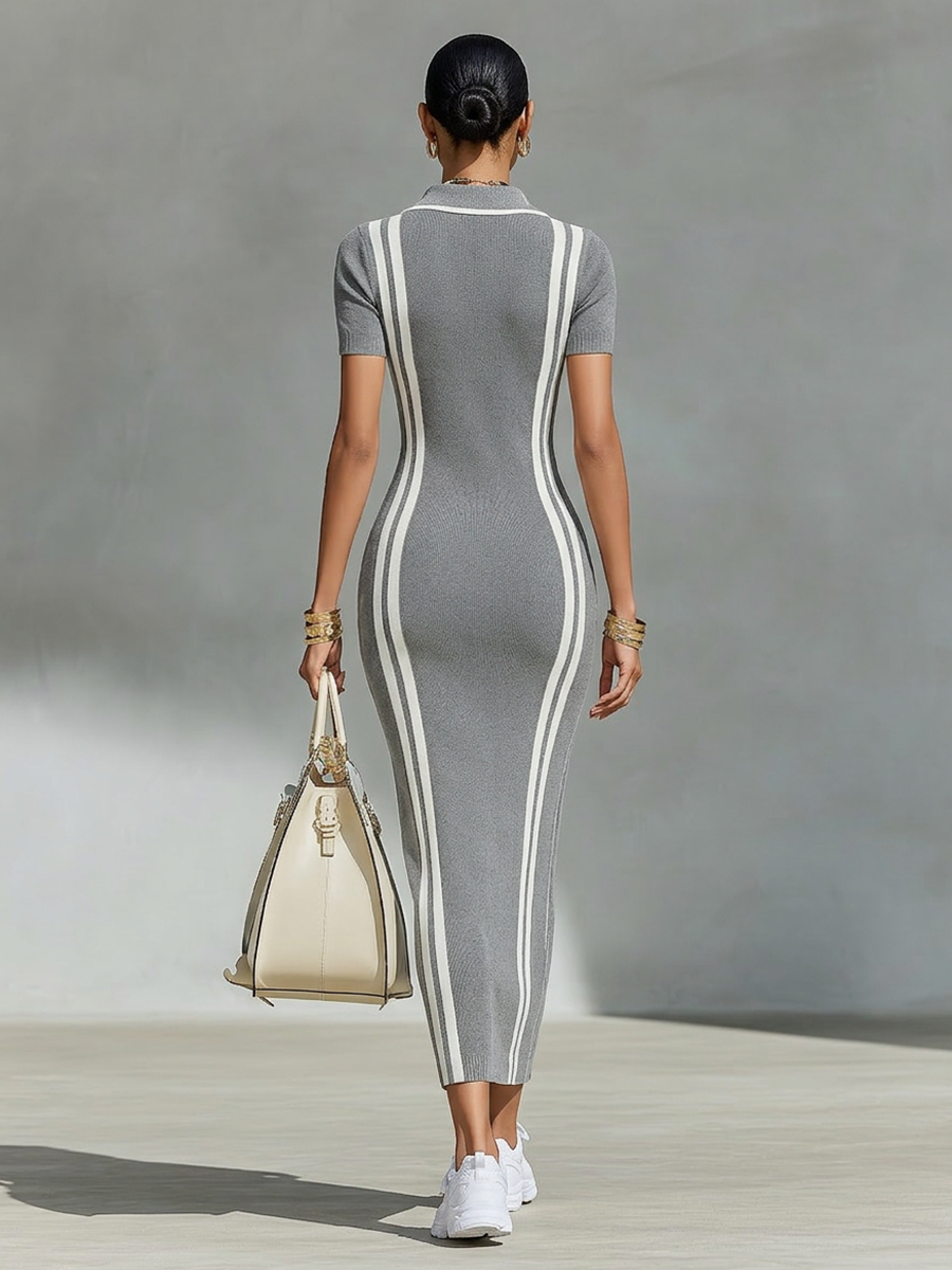 Side-Stripe Zip Polo Knit Maxi Dress