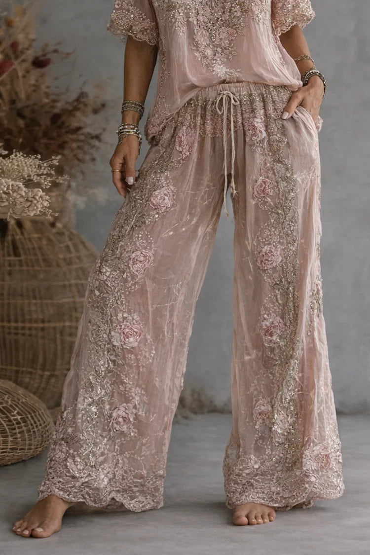 Embroidered V-Neck Top and Wide-Leg Pants Set