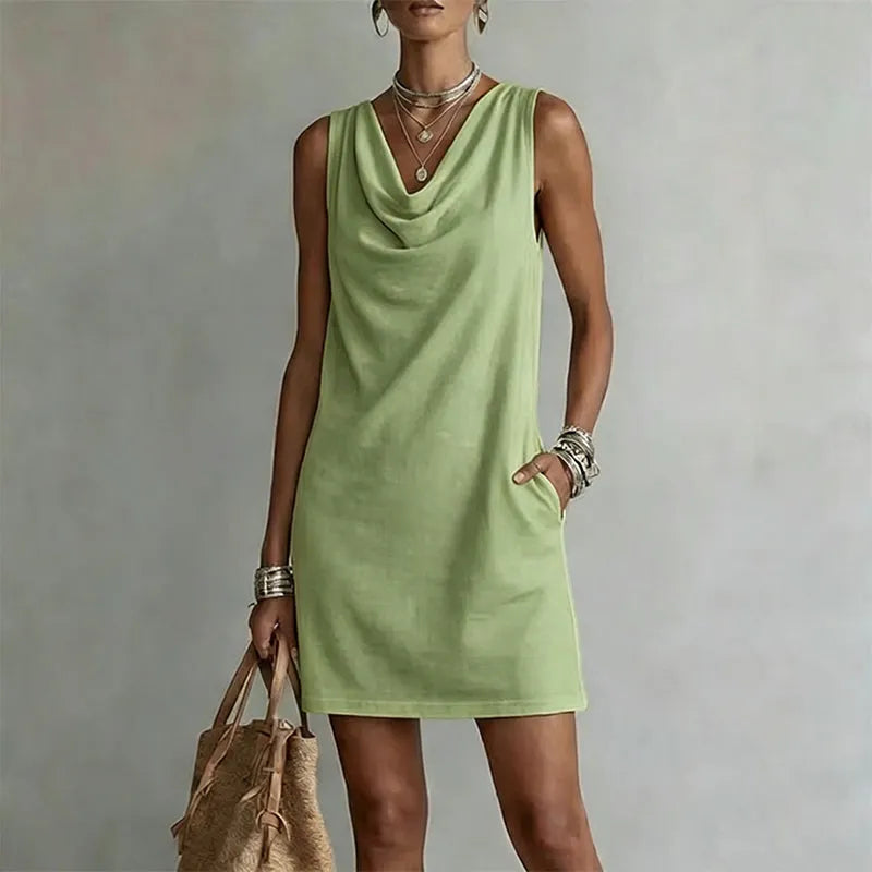 Draped-Neck Pocket Mini Dress
