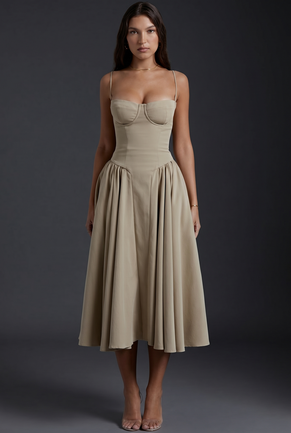 Fit-and-Flare Midi Dress with Built-In Cups
