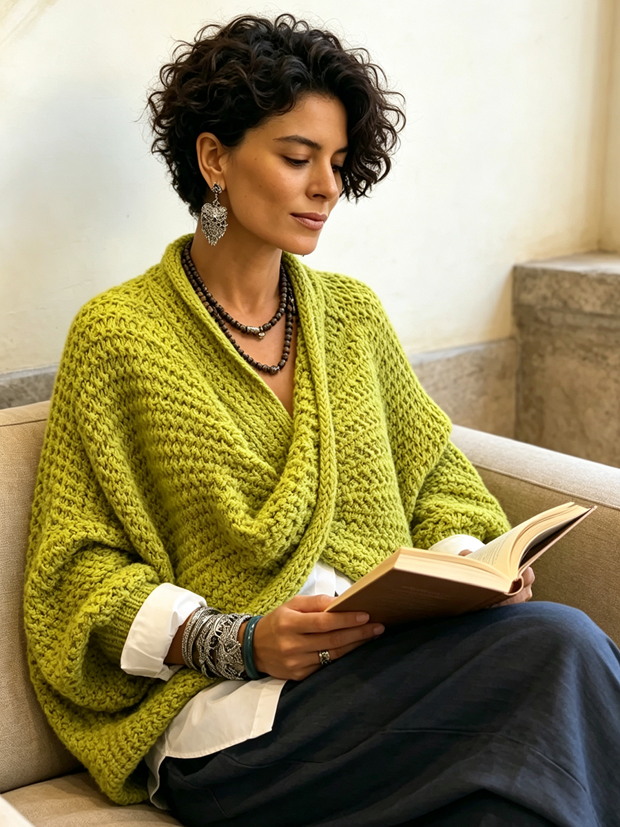 Cozy Relaxed Batwing Sleeves Crossover V-Neck Sweater