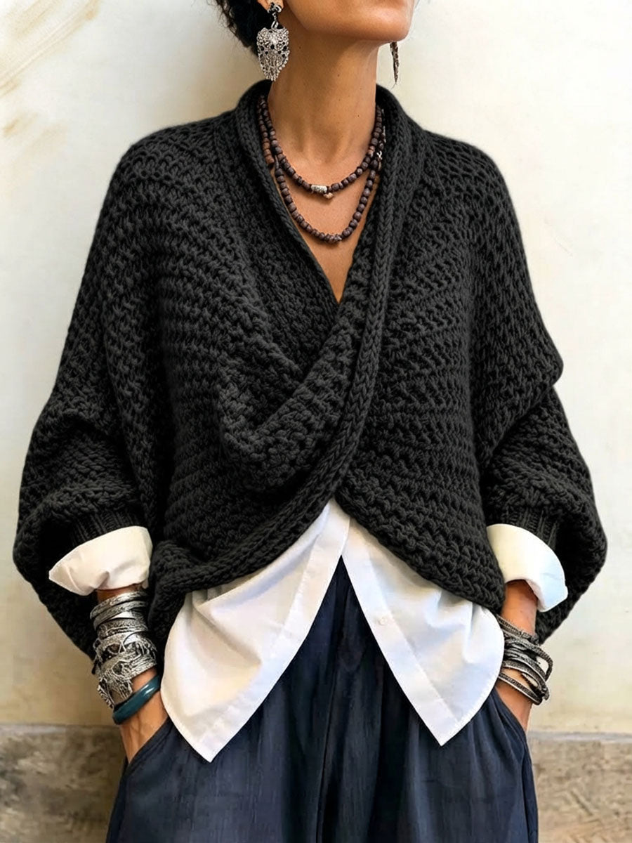 Cozy Relaxed Batwing Sleeves Crossover V-Neck Sweater