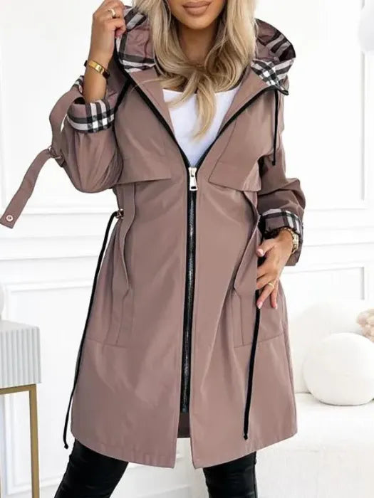 Windproof Coat with Plaid Hood