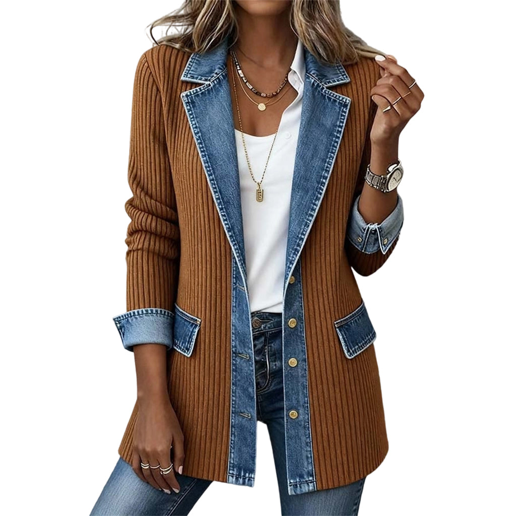 Ribbed Knit and Denim Patchwork Jacket