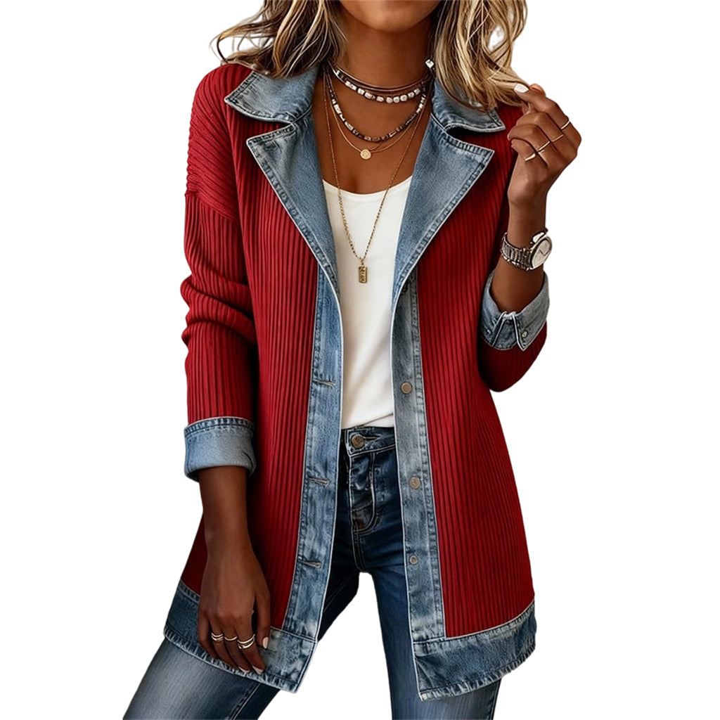 Ribbed Knit and Denim Patchwork Jacket