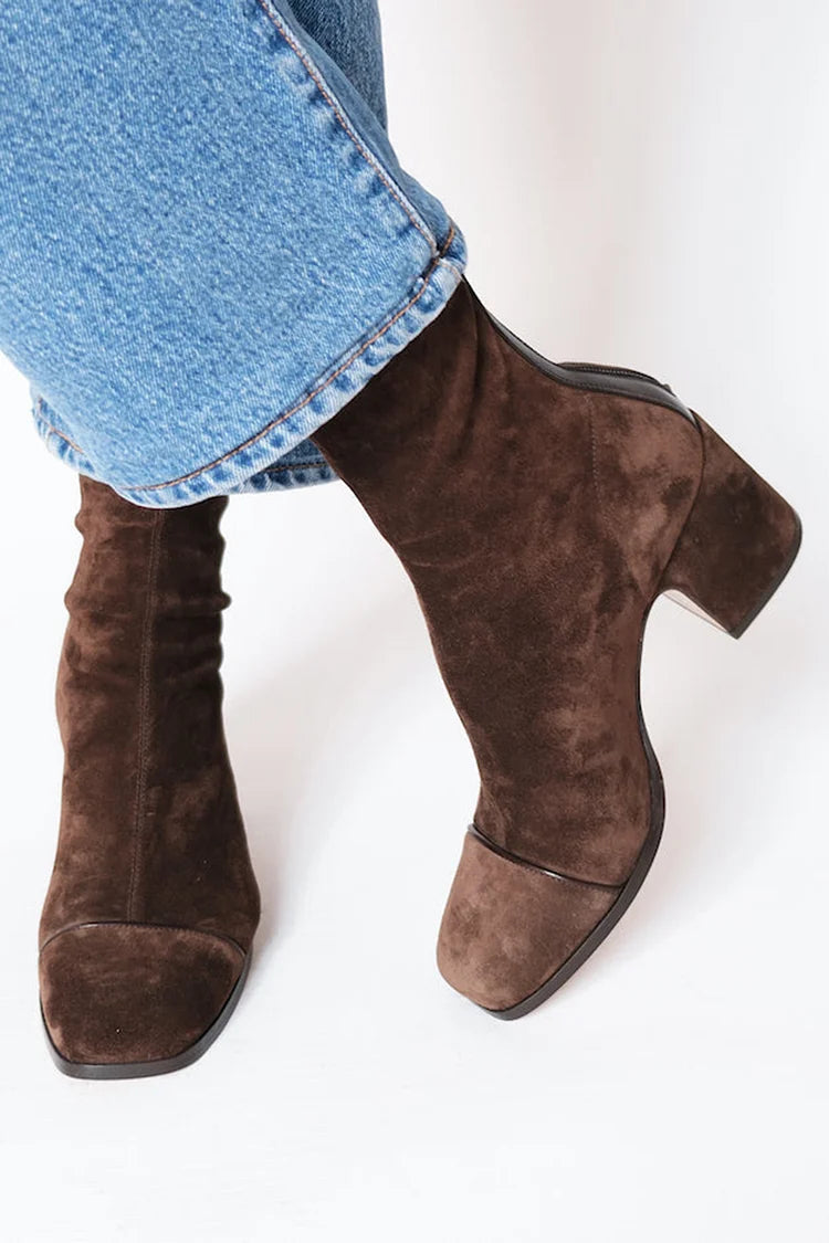 Square Toe Block Heel Boots in Dark Brown