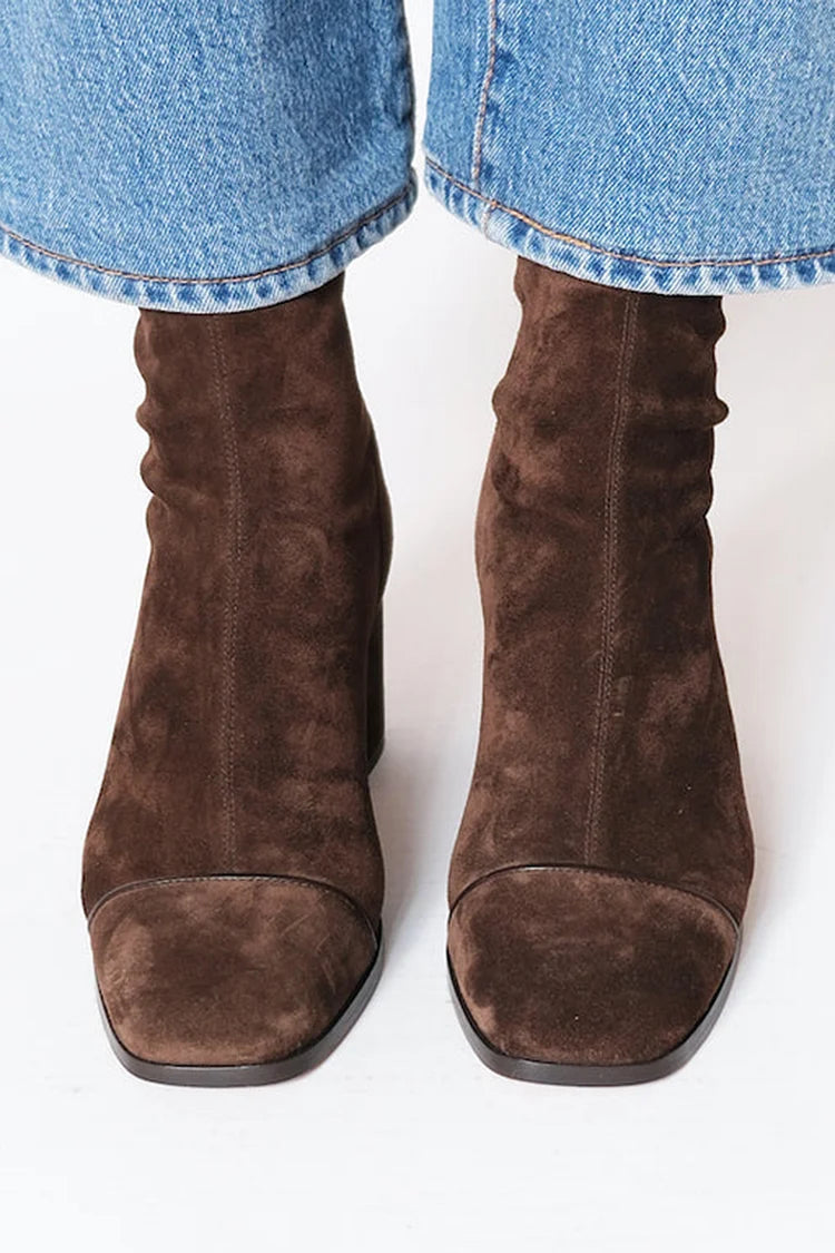 Square Toe Block Heel Boots in Dark Brown