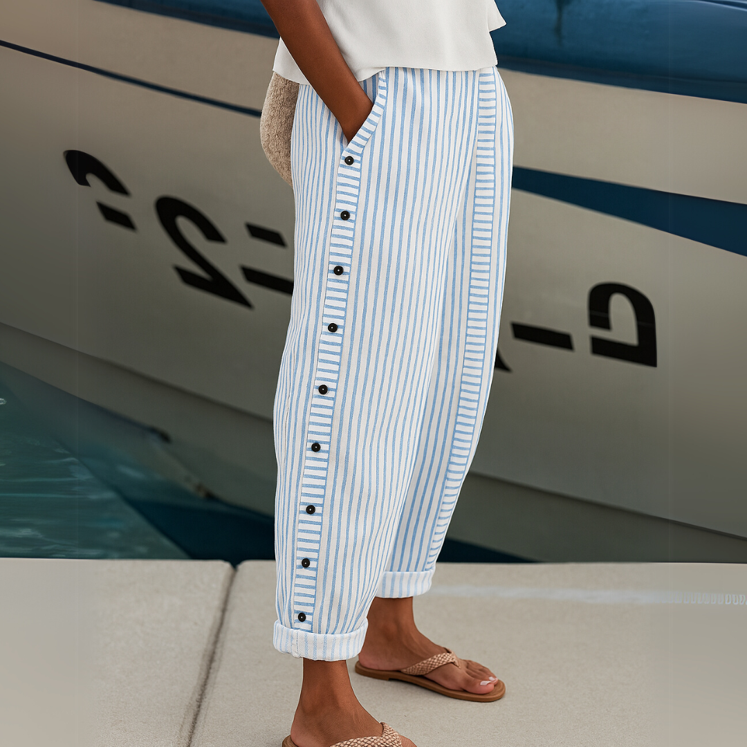 Striped Button-Detail Pants