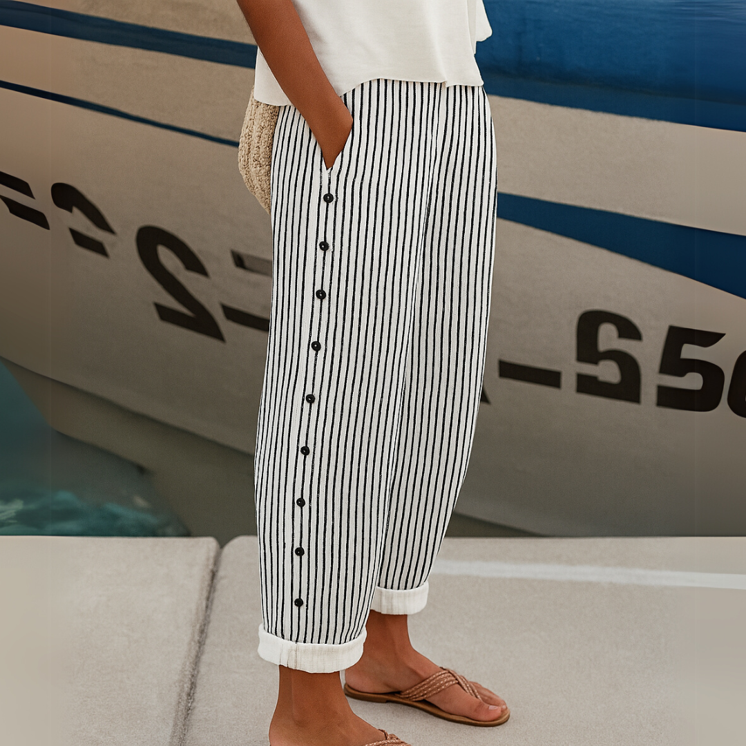 Striped Button-Detail Pants