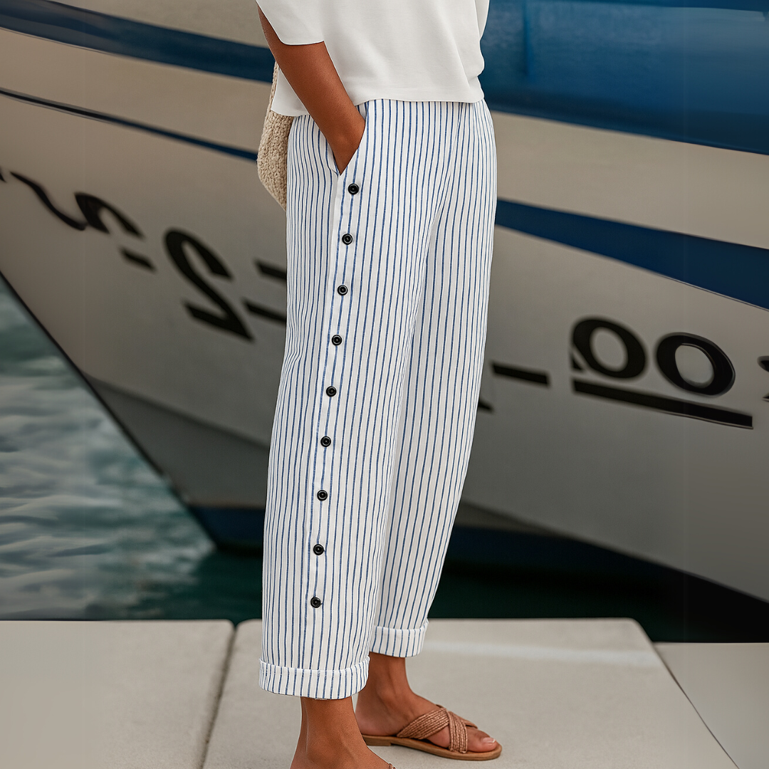 Striped Button-Detail Pants