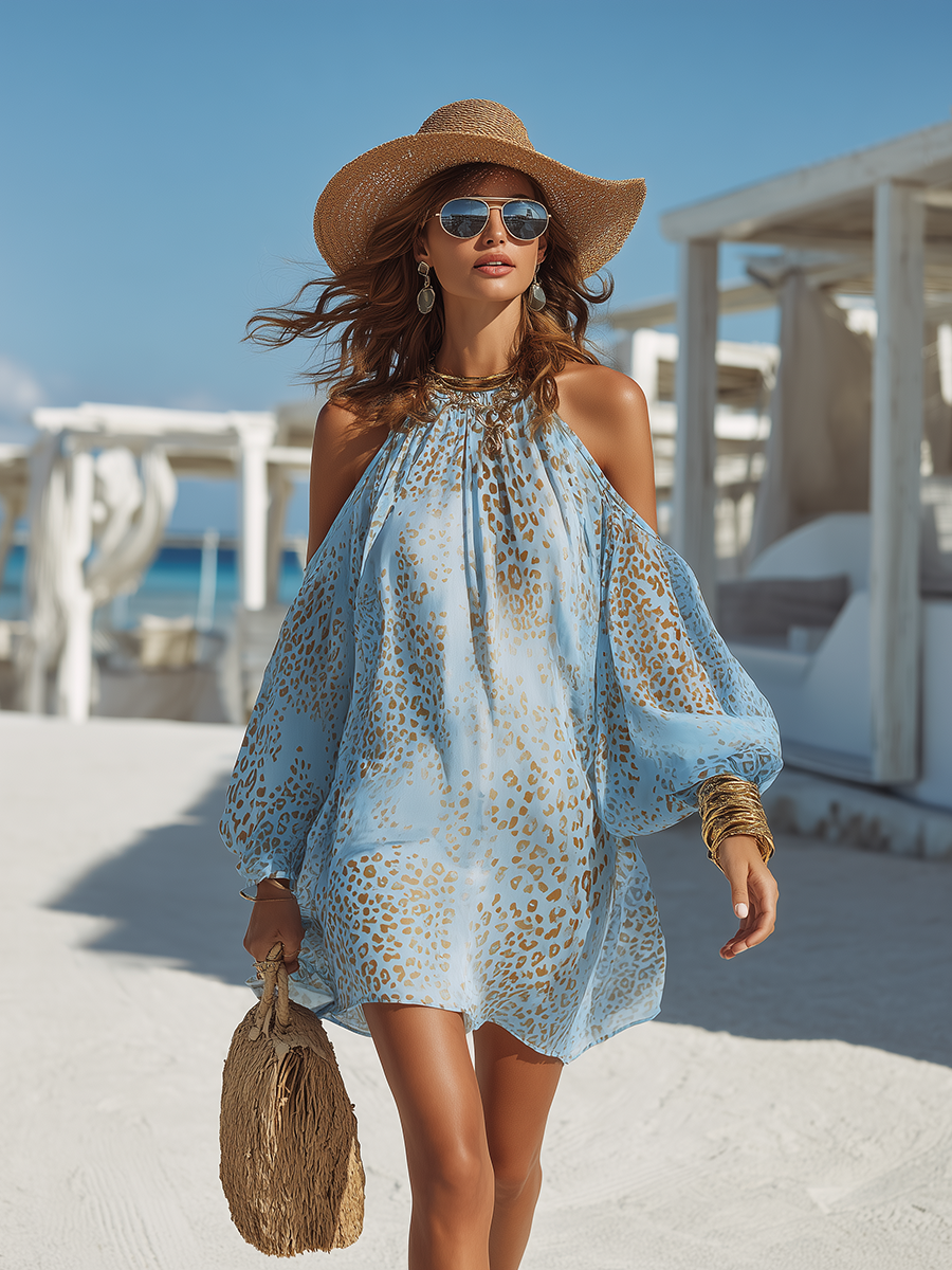 Off-Shoulder Leopard Chiffon Mini Dress