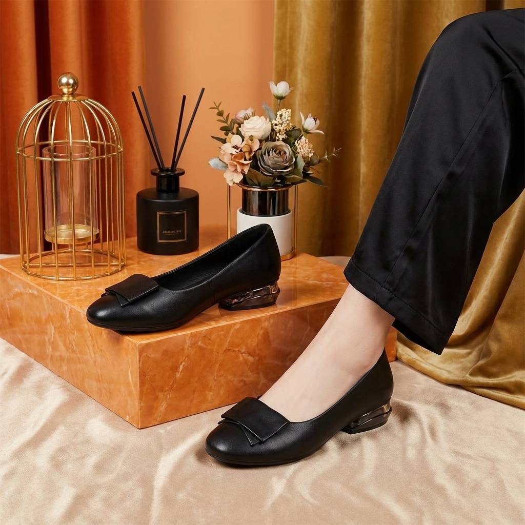 Bow Leather Comfort Loafer Heels