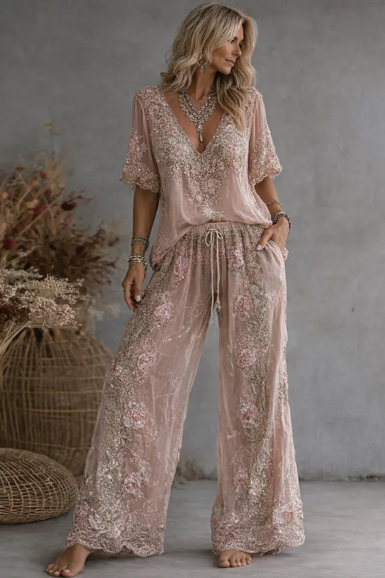 Embroidered V-Neck Top and Wide-Leg Pants Set